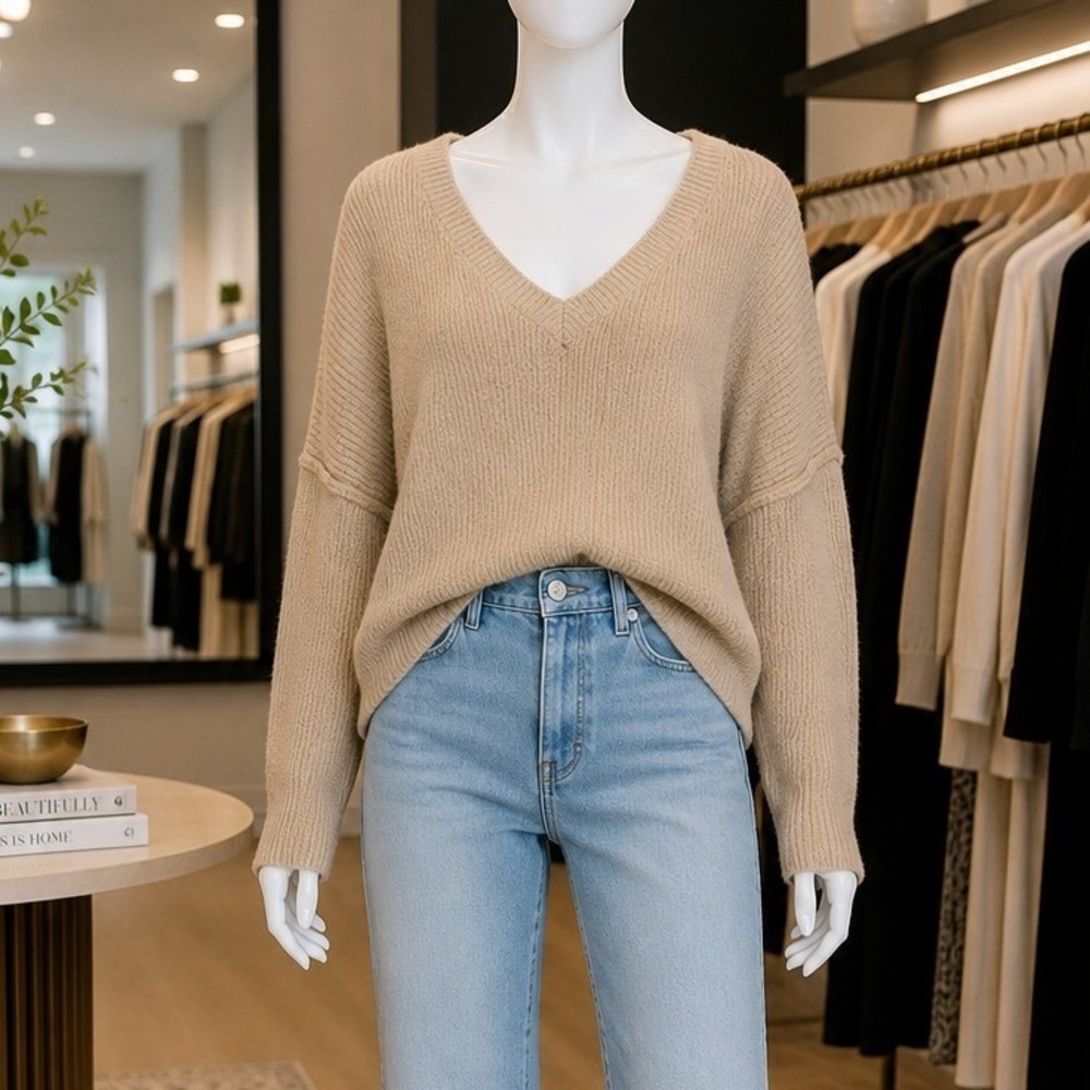 Wishlist Womens Sweater Tan Beige V-Neck Oversized Ribbed Knit M